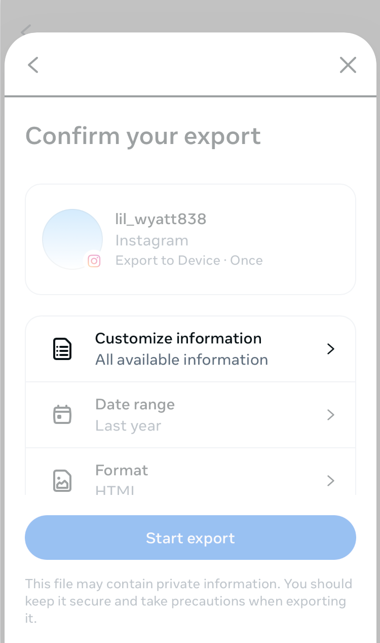 Confirm your export. The 'Customize information' button is highlighted.